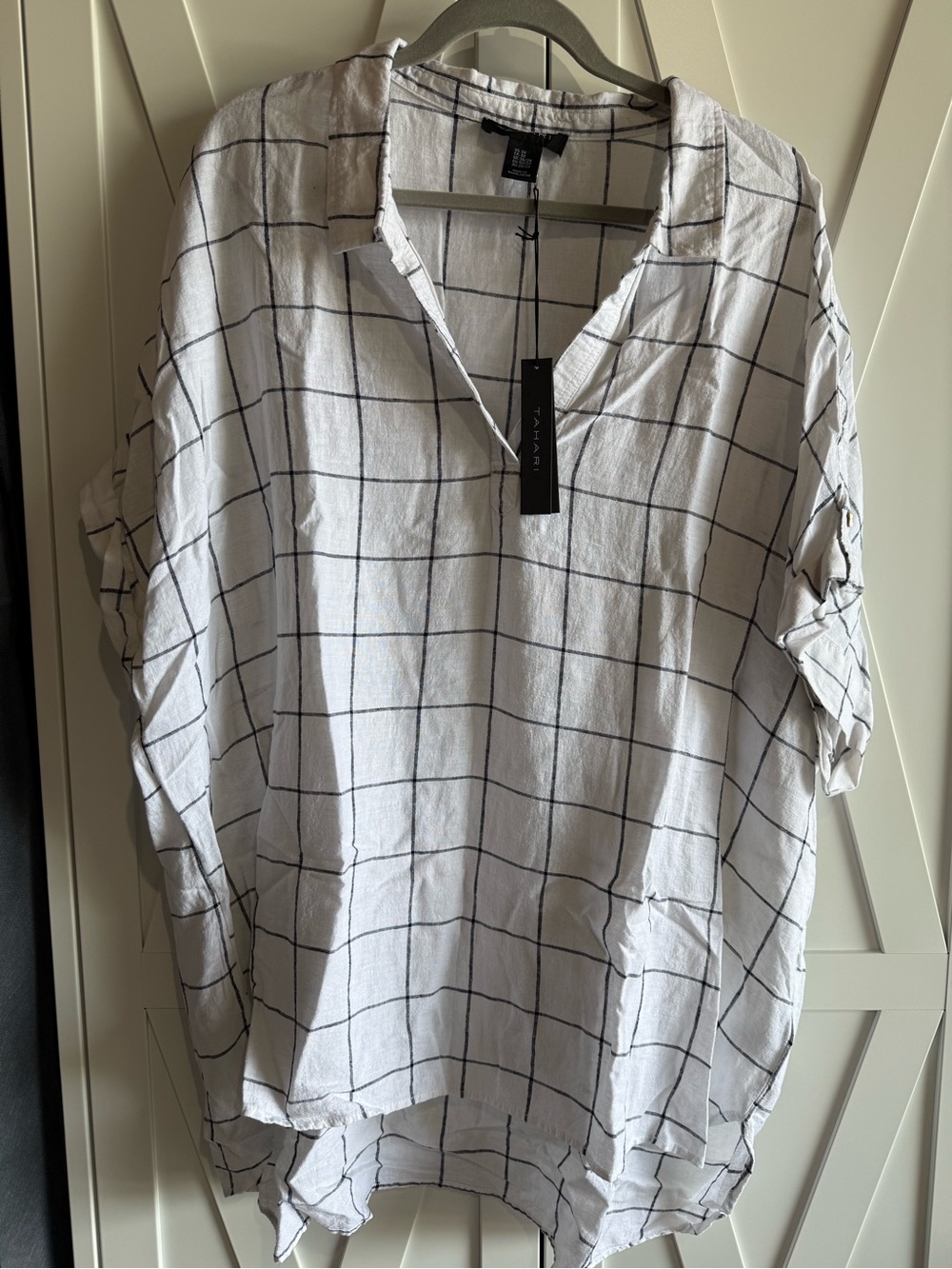 Tahari White Shirt with Black Windowpane Grid